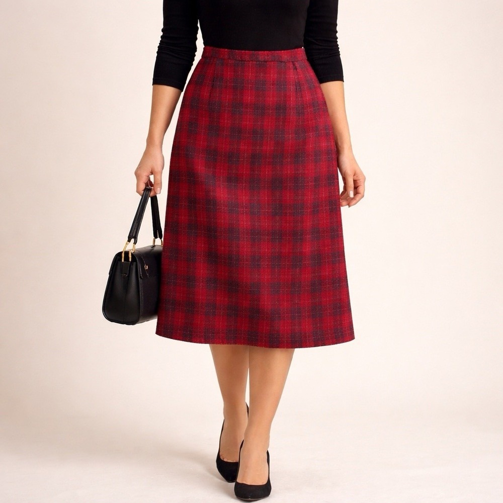 Red Plaid Midi Skirt Womens‎ 14 Classic Preppy Pencil Straight Fit Modest